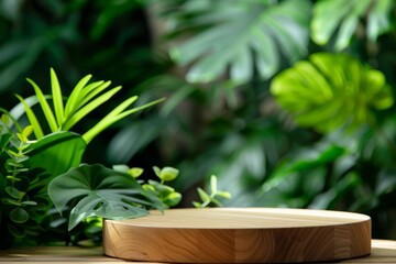 A wooden plate is placed on top of a wooden table in a minimalist setting with botanical decor and potted plants