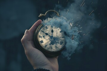 A human hand holding black alarm clock. concept time is money.