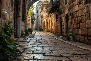 The ancient stone streets , Ancient stone archway with lantern illumination in Old City, Ai...