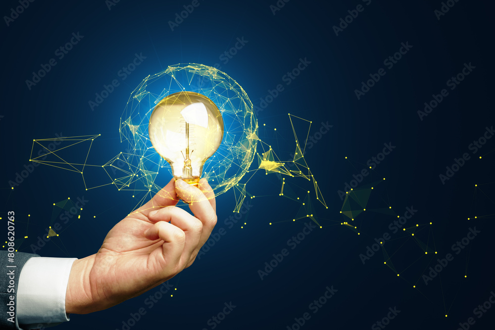 Poster a hand holding a light bulb with digital network lines and nodes overlay, on a dark blue background,