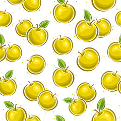 Vector Yellow Apple seamless pattern, repeating background with flying cartoon apples for wrapping paper, square placard with flat lay outline yellow apple fruits on white background for home interior