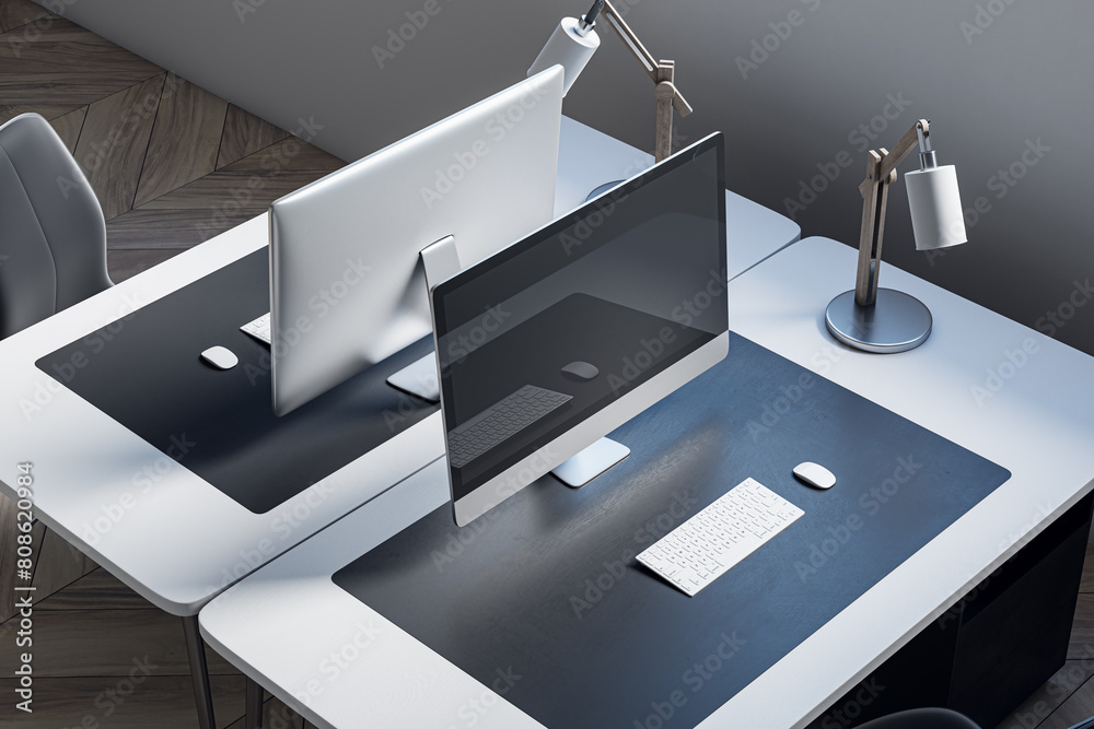 Aufkleber Close up and above view of designer office desk with mock up computer display on white desk, rug, lamp and other items. Mock up, 3D Rendering.