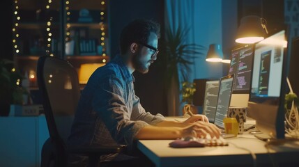 Attractive professional software developer coding program or engineering prompt. Skilled programmer typing computer and laptop while developing system with blurring background. Technology. AIG42.