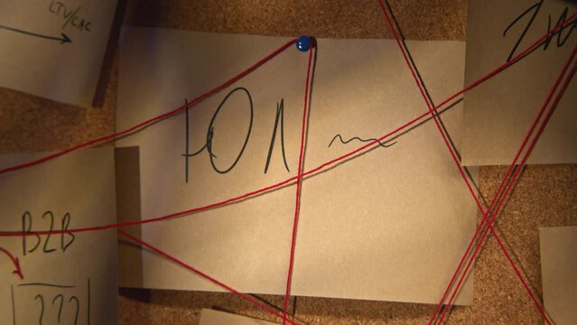 Notes with red thread. Stock footage. Close-up of mysterious notes connected by red thread. Symbols and puzzles on mysterious board with threads