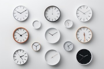 Topdown view of modern minimalist clocks in various shapes and sizes neatly arranged on a wall