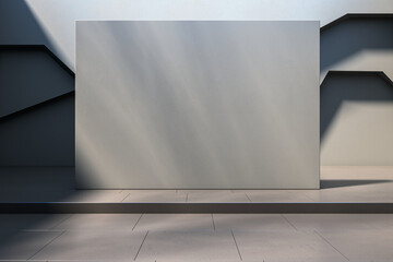 A large blank poster on a wall within a modern interior, set against a shadowy background, encapsulating a concept of display space. 3D Rendering