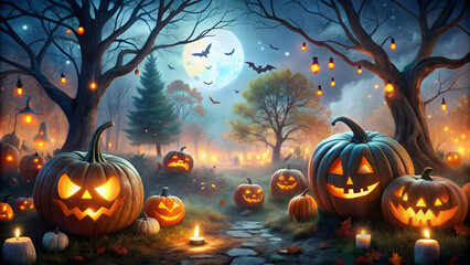 Halloween background with pumpkins, bats and moon in the forest