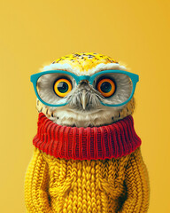 Cute owl wearing blue glasses, red scarf and yellow sweater on a solid yellow background. Minimalistic portrait