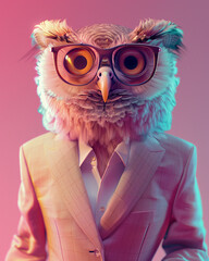 Beautiful owl dressed as an executive with glasses and light pink suit against pink background. Hyperrealistic portraits, 3d render. Minimalism
