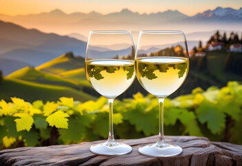 Fototapeta premium Two wine glasses on a table with a mountain landscape in the background