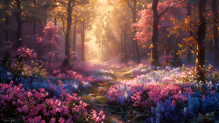Sunny Day in Spring Pink and Purple Hyacinths Ad,
A path in the forest with the sun shining through the trees
