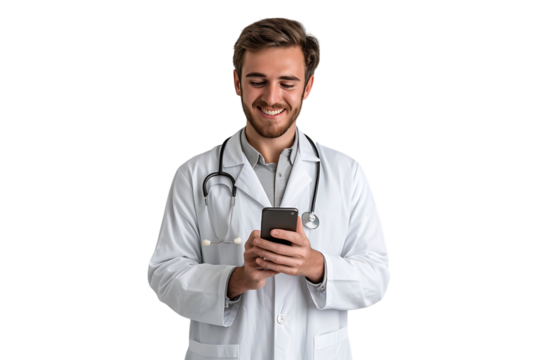 Cheerful young doctor in white coat smiling while looking at screen of his phone on isolated transparent background
