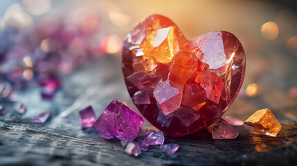 Heart shaped gemstone on wooden background with bokeh effect.