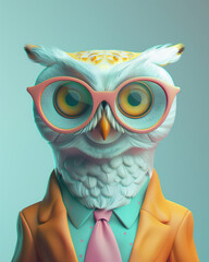 A white owl with big eyes and glasses wearing an orange suit, pink tie and blue shirt on a light cyan background. Ddigital art style. Pastel color palette 
