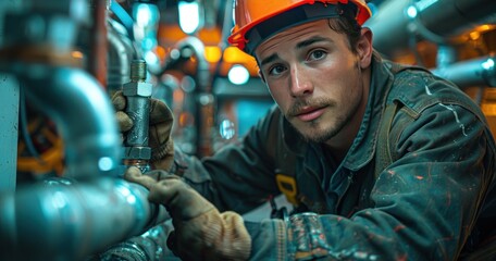 Stationary water engineer at work. plumber carefully fixes a leak from tubes using a wrench.