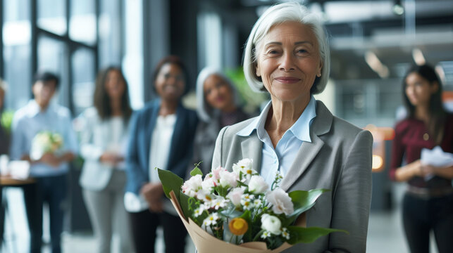copy space, stockphoto, successful elderly business woman recieving a bouquet. multiracial team is standing around the businesswoman, modern office. Senior business woman going on retirement, pension.