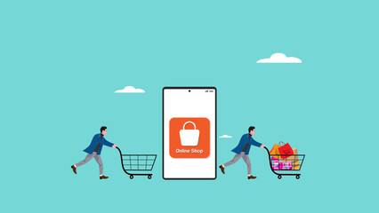online shop or digital marketplace, businessman pushing empty shopping cart through smartphone with digital marketplace coming out with full shopping cart