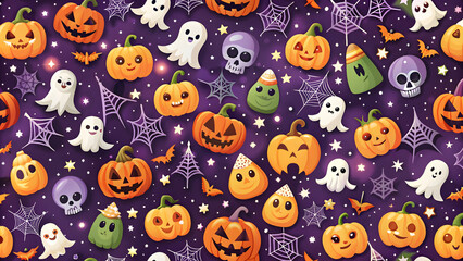 Halloween seamless pattern with pumpkins, ghosts, spiders and bats