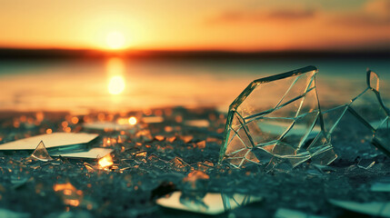 Broken glass on the background of the sea and a sunset.