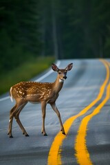 Deer Crossing Empty Road in Forest with Misty Background