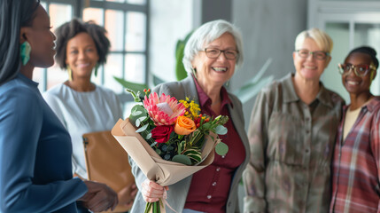 copy space, stockphoto, successful elderly business woman recieving a bouquet. multiracial team is standing around the businesswoman, modern office. Senior business woman going on retirement, pension.