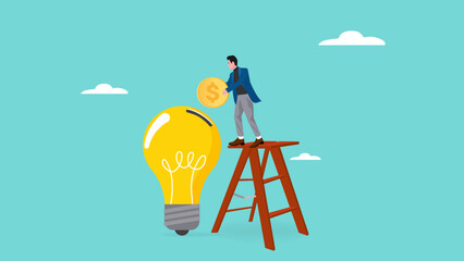 funding new innovative project, investing or VC venture capital to support business startup idea, raising funds to start a business, businessman inserts gold coins into business light bulb idea