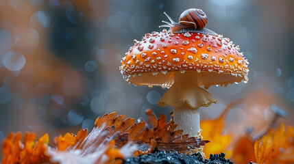 Charming Encounter Little Snail on Mushroom in F,
Amanita muscaria is poisonous mushroom with red dots and white spots
