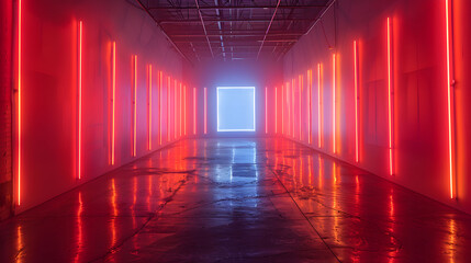 Illuminated long hallway with red and blue lights