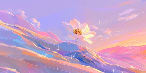 Vibrant digital artwork of a solitary flower amidst swirling pastel hues, capturing a dreamy,...