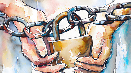Close Up of small hands un locking a padlock on a chain