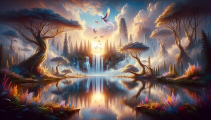 Obraz premium Imagine a dreamy fantasy landscape with serene lake mirrors the sky
