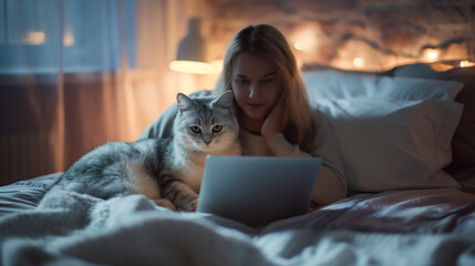 Beautiful young woman lying in bed with her cat and using laptop
