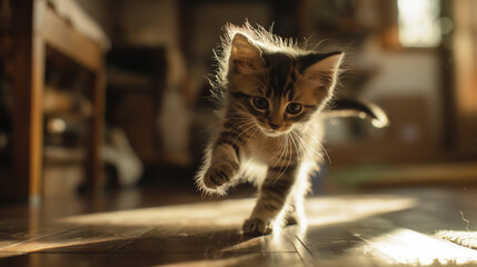 Cute little kitten playing on the floor at home, illustration