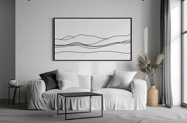 Minimalist black and white line art depicting a serene landscape, perfect for contemporary wall art in an urban loft