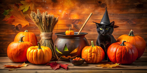 Halloween background with black cat in witch hat, pumpkins and cauldron
