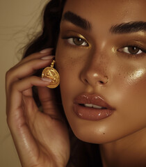 Close up of the ring, Model wearing a ring with a gold circle charm, She has brown hair.