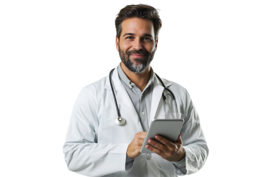 Handsome man doctor standing holding tablet on isolated transparent background