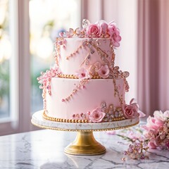 Pink Wedding Cake with Gemstone Accents, Wedding cake design with flowers. pink wedding cake adorned with delicate flowers. Pink color Luxurious Wedding Cake Design nice background