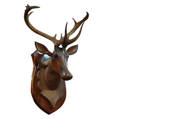 antique wooden deer head mounted on a piece of wood, on white background, decor, wood, fashion,...