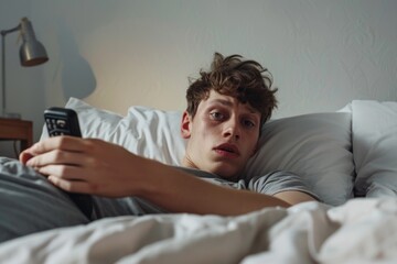 Fototapeta premium A depressed young man using mobile phone while lying on bed in bedroom