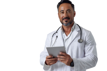 Handsome man doctor standing holding tablet on isolated transparent background
