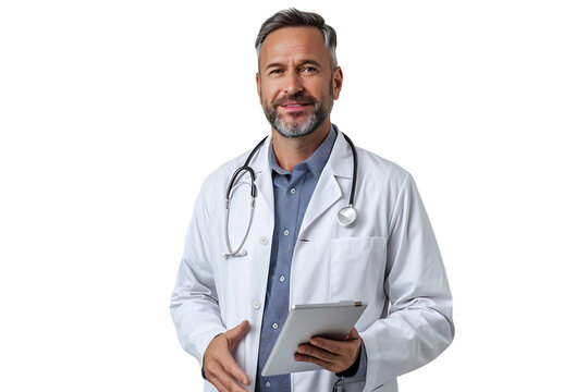 Handsome man doctor standing holding tablet on isolated transparent background