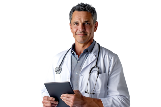 Handsome man doctor standing holding tablet on isolated transparent background