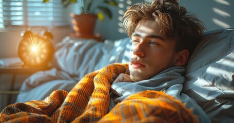 A young man sleeping with alarm clock