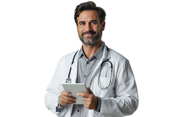 Handsome man doctor standing holding tablet on isolated transparent background