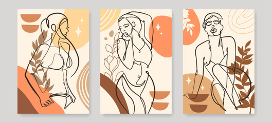 Set of Wall Art Boho Prints with Line Art Woman Drawing and Shapes, Leaves. Line Art Template with Female Portrait for Trendy Minimalistic Design.  Hand Drawn Vector Sketch Female Body Prints Set.