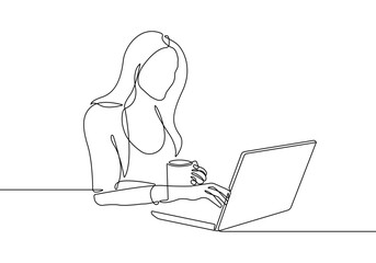 Continuous One Line Drawing of Woman with Laptop. Female Working One Line Illustration. Business Concept Abstract Minimalist Contour Drawing. Vector EPS 10