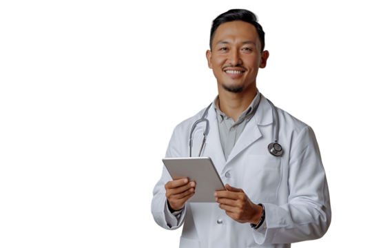 Handsome man doctor standing holding tablet on isolated transparent background
