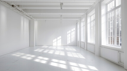 Minimalist white studio space, unadorned, perfect for showcasing art or product designs, natural light filtering through large windows