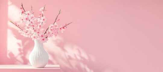 Fresh branches of cherry blossoms in a white vase on a table near a pastel pink wall. Spring pink banner with copy space.